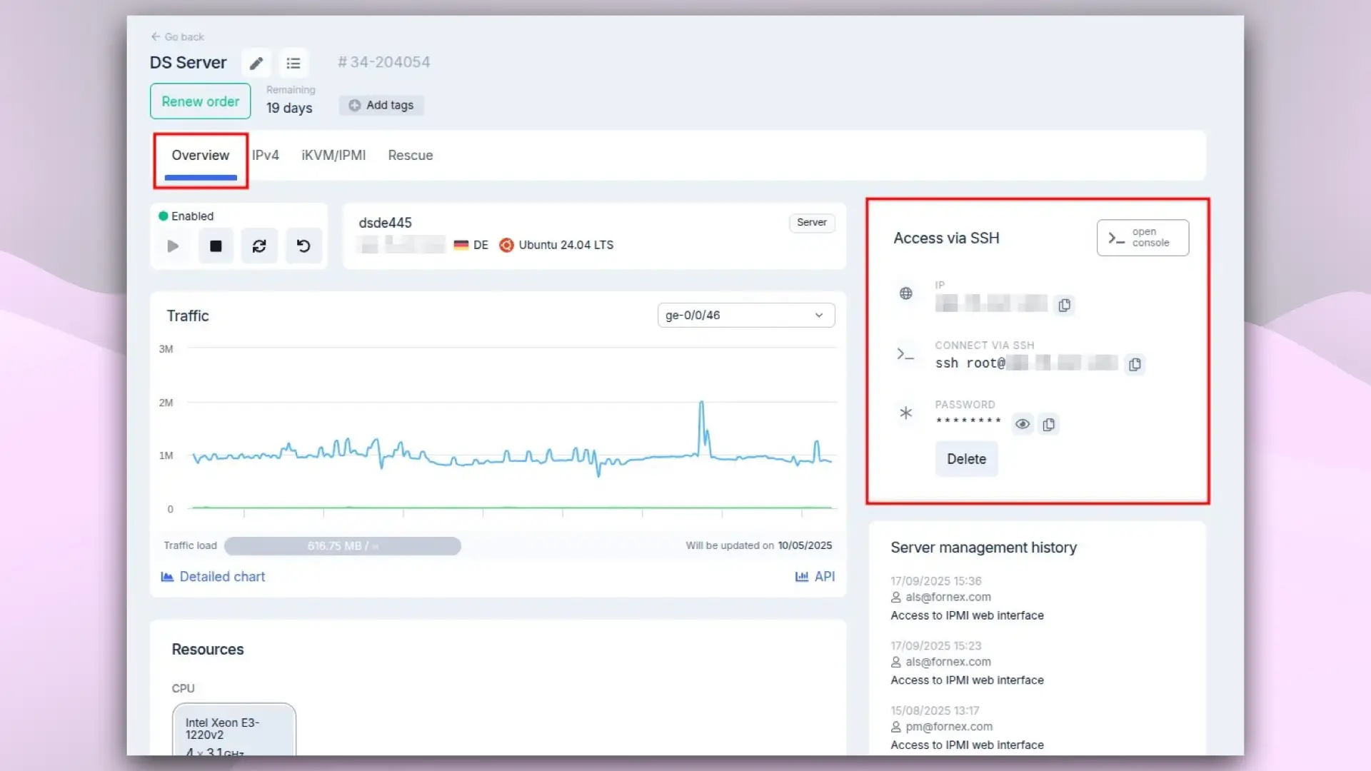 SSH details in SCHost dashboard