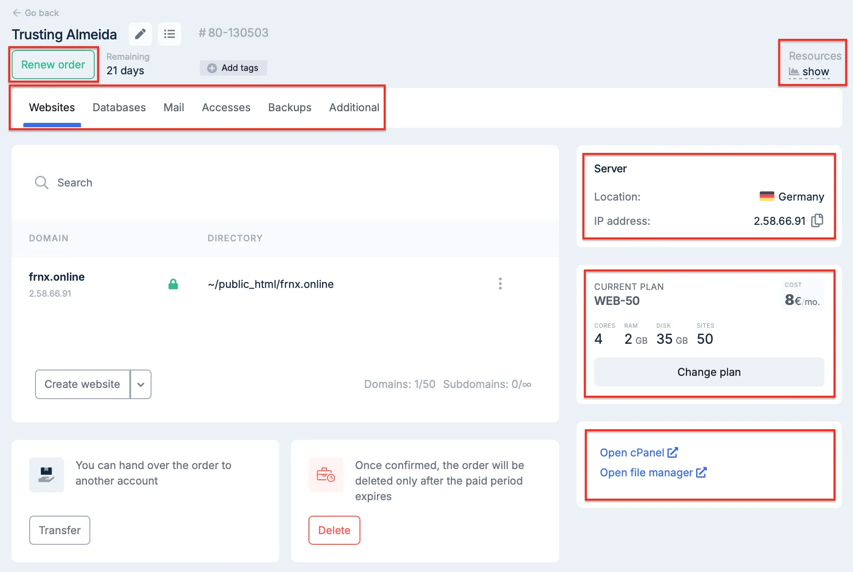 Initial web hosting order dashboard