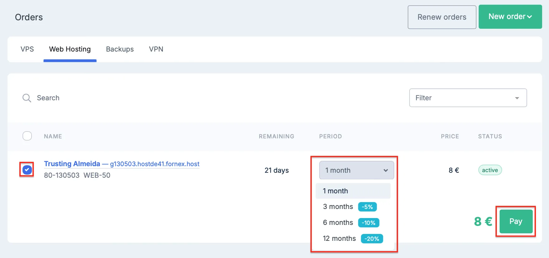 Renewing a web hosting order