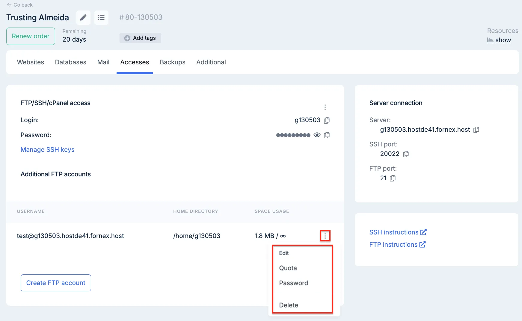 SSH keys and connection details