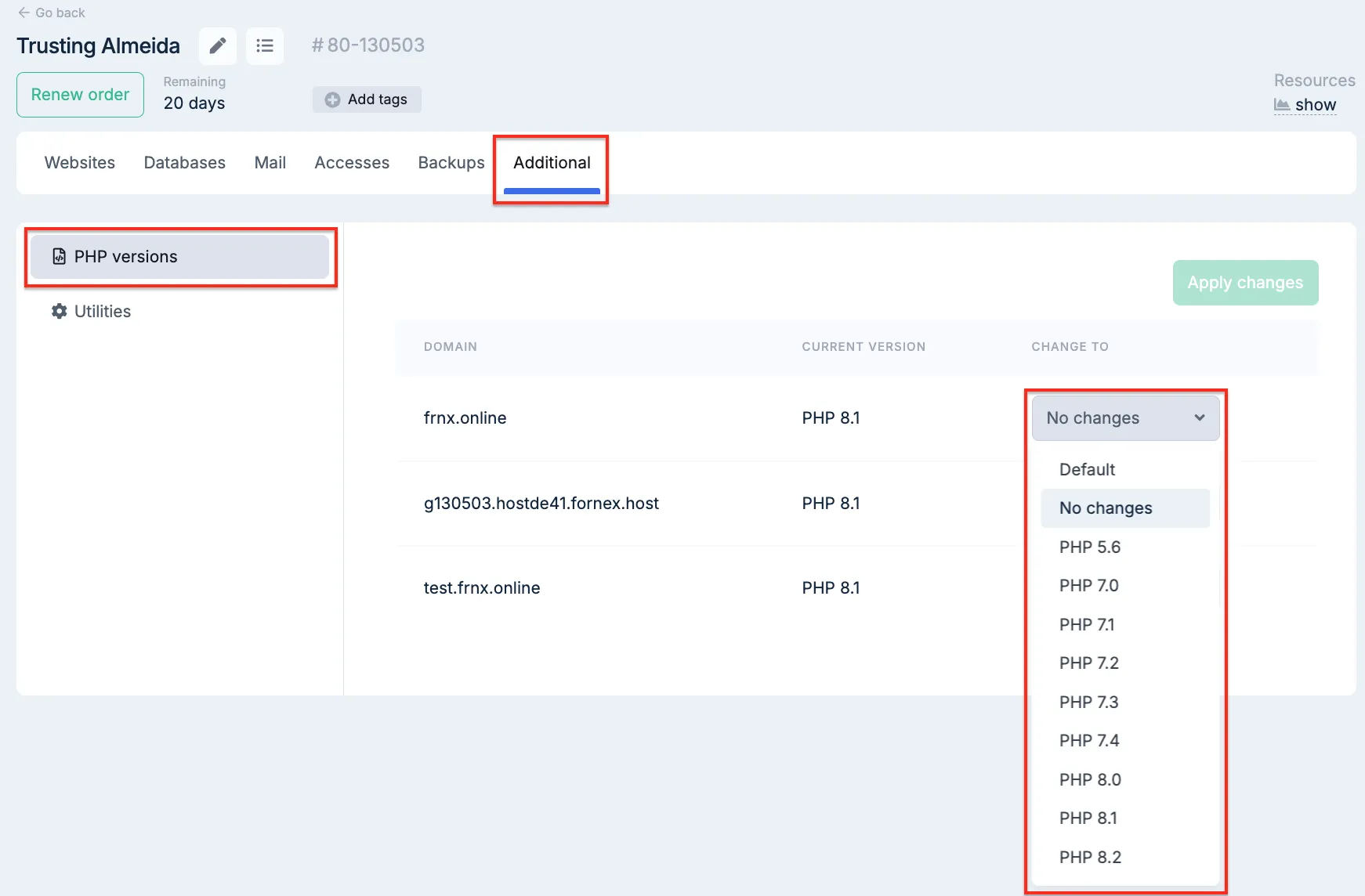 PHP version selection