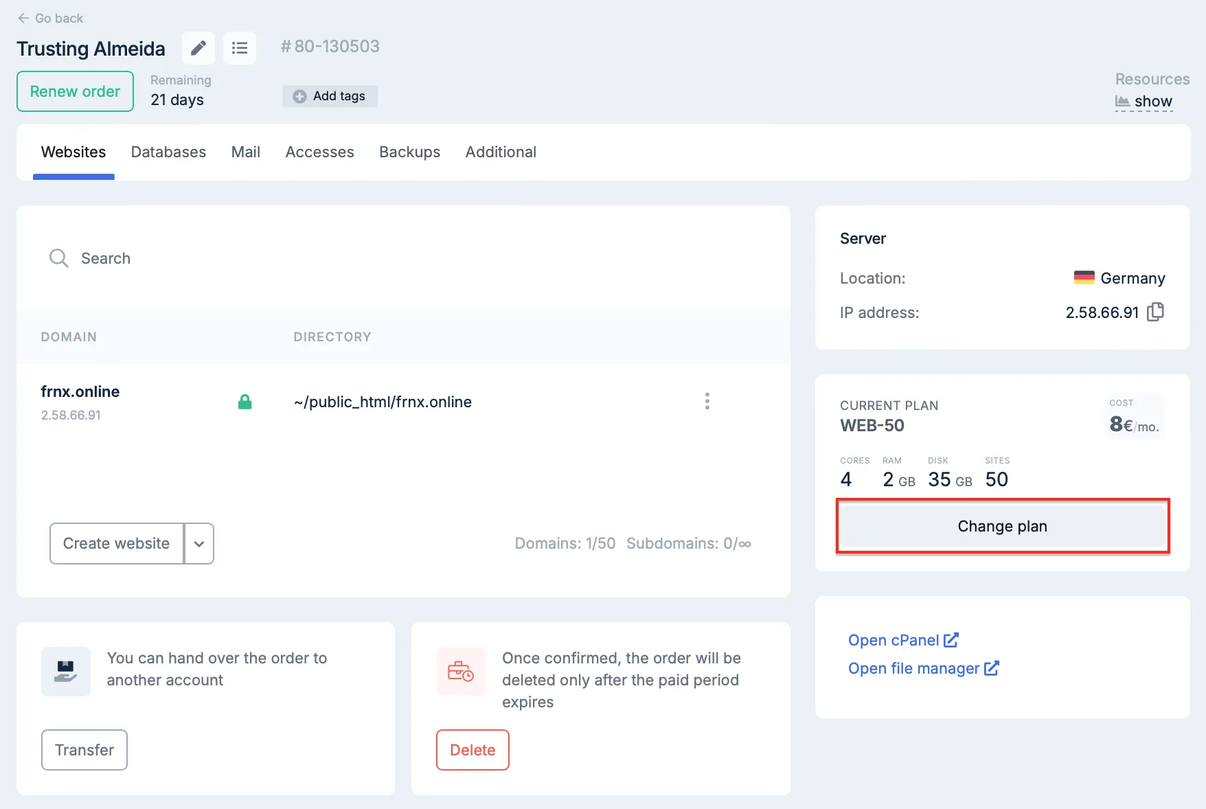 Changing web hosting plan