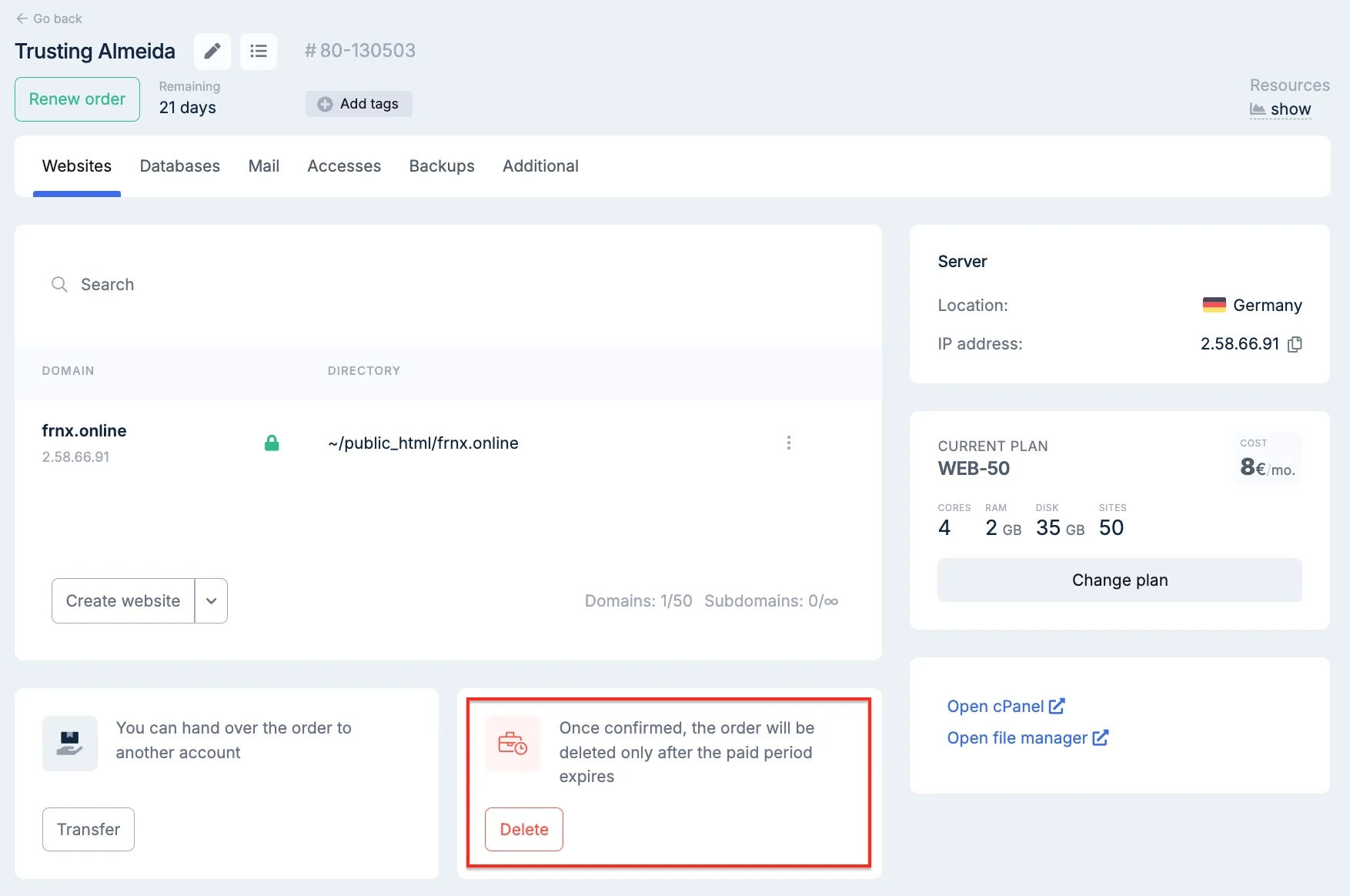 Cancelling a web hosting order
